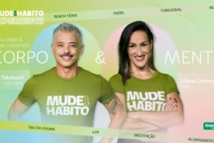 Flyer de divulgação do evento emfundo verde e rosa e casal com camisetas verdes com inscrição Mude1Hábito em branco