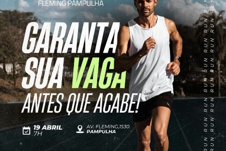 Flyer de divulgação, com imagem de um homem correndo em pista de corrida e informações sobre o evento 
