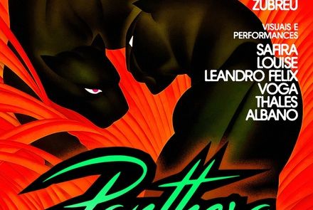 Cartaz com fundo vermelho e ilustrativo do evento Panthera: Selva Babilônica