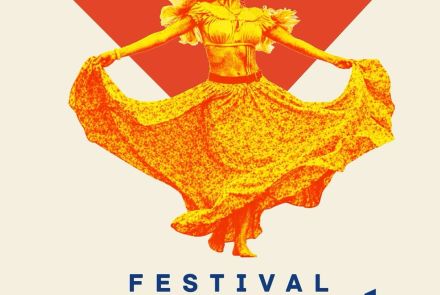 Foto de capa do evento Festival Minas com Pará contendo uma mulher ilustrada na cor laranja dançando carimbó, no fundo creme com triangulo vermelho e o nome do evento destacado de azul