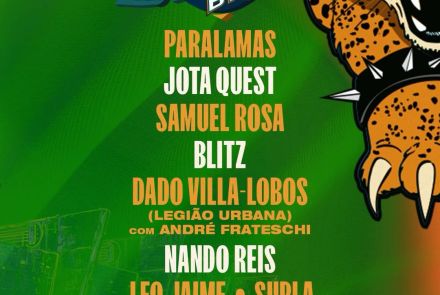 Cartaz do festival Prime Rock Brasil BH, que acontecerá em 25 de julho de 2026 no estádio Mineirão. O fundo é verde com a ilustração de uma onça-pintada brava no canto superior direito. Ao centro, os nomes das atrações em letras grandes: Paralamas, Jota Quest, Samuel Rosa, Blitz, Dado Villa-Lobos (Legião Urbana) com André Frateschi e Nando Reis. Na parte inferior, destaca-se que Leo Jaime e Supla se apresentam no Camarote Secreto. Estão presentes também as logomarcas da Blueticket, Jovem Pan e organizador
