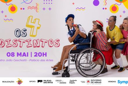 Foto de capa do espetáculo teatral contendo foto dos 4 personagens mais titulo da peça, horário, data e local