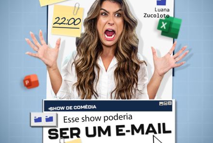 Foto de capa do espetaculo da luana zucoloto "Esse show poderia ser um e-mail, contendo data e local do evento juntamente com a foto da artista 