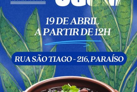 Foto de divulgação da Feijoada solidária no Quilombo Manzo contendo foto de uma feijado data e local do evento