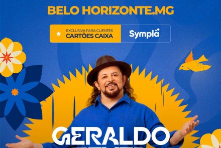 Cartaz oficial ilustrativo com fundo azul e imagem do artista Geraldo Azevedo - Texto informa a pré venda do evento Show: Geraldo Azevedo Oitentação