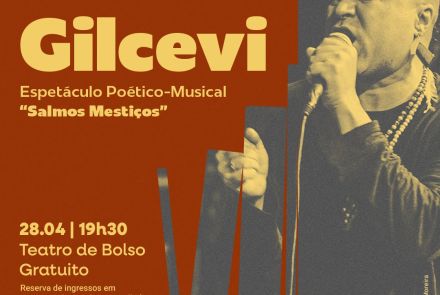 Cartaz com fundo vermelho do evento Literatura no Palladium: Espetáculo poético-musical "Salmos Mestiços" e imagem do artista César Gilcevi