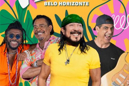 Cartaz colorido em tons de amarelo e verde. No topo, o nome do evento "Vumbora!" em letras brancas estilizadas, com a data "01 de Agosto, 14h" e a cidade "Belo Horizonte". No centro, fotos dos artistas sorridentes: os integrantes do É o Tchan (Beto Jamaica e Compadre Washington), Bell Marques (ao centro, de bandana verde e camisa amarela) e Durval Lelys (à direita, com boné e guitarra). Na parte inferior, uma faixa verde destaca os nomes: "É o Tchan + Bell Marques + Durval". Abaixo, as informações de venda