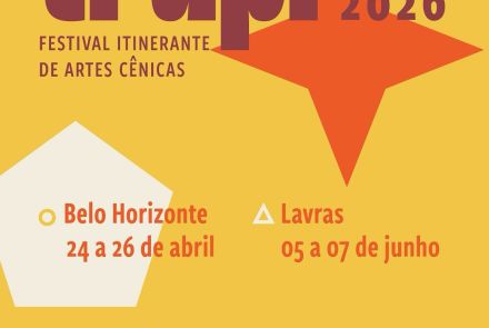 Foto de capa do festival Trupi contendo local, data e horarioo do evento em cores mais avermelhadas e fundo amarelo