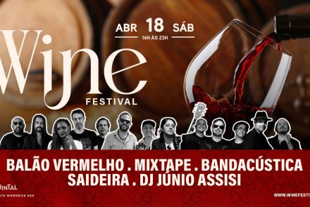 Foto de capa convidativa para o Festival Wine no Quintal do Chalé, contendo data e foto das atrações da noite 