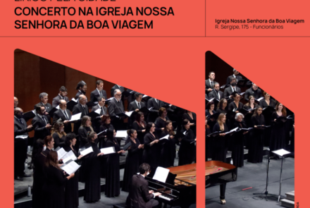 Cartaz vermelho com imagem do grupo Coral Lírico de Minas Gerais e texto informando o evento: Lírico pela cidade: Concerto na Igreja Nossa Senhora da Boa Viagem