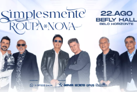 Banner do show **"Simplesmente Roupa Nova"** em Belo Horizonte. A imagem mostra os seis integrantes da banda lado a lado sobre um fundo azul claro e branco. No canto superior direito, destaca-se a data de **22 de agosto** no **BeFly Hall**. Na parte inferior, constam logotipos de parceiros e o WhatsApp para informações: (31) 97222 2424.
