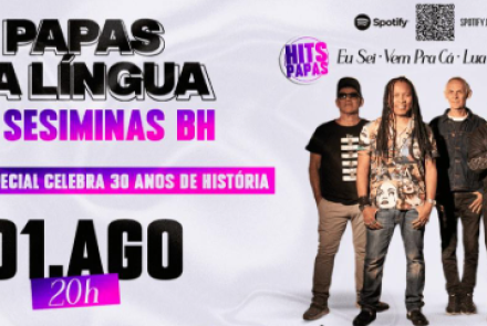Foto de capa de divulgação do show da banda "Papas da Língua" com foto da banda, data e local do evento 