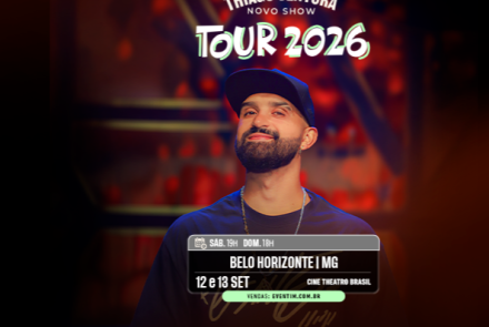 Cartaz promocional da Tour 2026 do comediante Thiago Ventura em Belo Horizonte. A imagem mostra o artista de boné e camiseta preta, com as informações do show: dias 12 e 13 de setembro no Cine Theatro Brasil (sábado 19h, domingo 18h). Ingressos pelo site eventim.com.br.