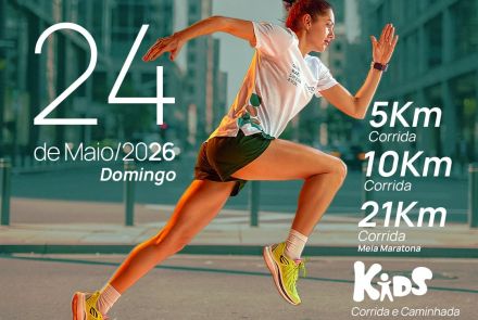 Flyer de divulgação da corrrida Mater Run contendo imagem de uma corredora e informações sobre data, local e modalidades