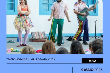 Foto de capa do evento com os integrantes do espetáculo "Na Roda", além de informações sobre local e data do evento