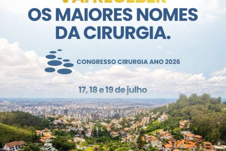Foto de capa do "congresso cirurgia ano 2026" contendo titulo e data do evento centralizados e escrito de azul e a foto de bh tirada de cima 