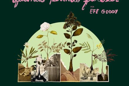 Foto de capa com fundo verde escuro, titulo "Reflorestar, quando permito florescer" em rosa, foto central de flores renascendo de sujeitos abstratos, data e local do evento situado na parte inferior da foto em rosa