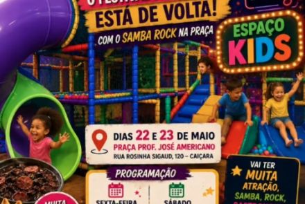 O cartaz de divulgação do festival apresenta um visual alegre, colorido e festivo, ambientado no que parece ser um evento noturno decorado com bandeirinhas e luzes no topo, além de um globo espelhado brilhante no canto superior direito. No topo esquerdo, destaca-se o logotipo circular verde e amarelo com o nome do evento principal, Festival de Sabores na Praça. Logo ao lado, em letras garrafais amarelas com contorno escuro, lê-se a chamada Alô Caiçara!, seguida pelas frases destacadas em faixas vermelhas e 