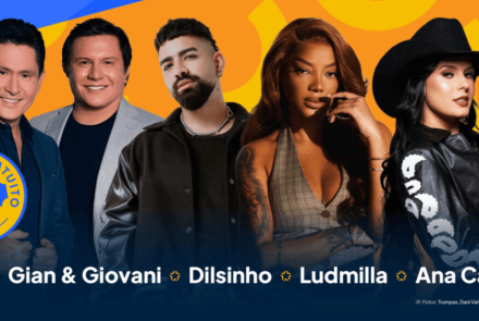 Este é um banner promocional de um evento gratuito com grandes nomes da música brasileira. A imagem apresenta, da esquerda para a direita, a dupla sertaneja Gian & Giovani, o cantor de pagode Dilsinho, e as cantoras Ludmilla e Ana Castela. O design utiliza um fundo azul com detalhes vibrantes em laranja e amarelo, destacando um selo no canto inferior esquerdo que identifica a gratuidade do evento através de um ícone de ingresso. Os nomes das atrações aparecem centralizados na base em letras brancas.