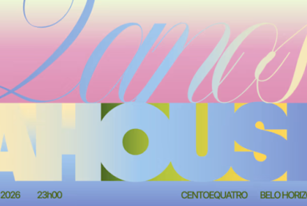 Cartaz horizontal colorido. Na parte superior (rosa), a palavra "Lamas" em letras finas e cursivas azuis. Na parte inferior (blocos coloridos), a palavra "HOUSE" em letras azuis bem grossas e quadradas. No rodapé azul, as informações: 09 05 2026 | 23h00 | CENTOEQUATRO | BELO HORIZONTE.