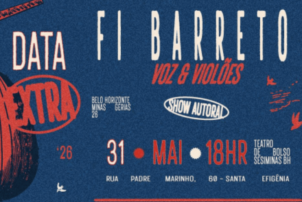 O anúncio possui uma estética retrô e ruidosa, com fundo azul-escuro e detalhes em vermelho e bege. À esquerda, há a ilustração estilizada de um violão e o destaque para a "DATA EXTRA". No centro, as informações principais indicam que o evento ocorrerá no dia 31 de maio, às 18h, no Teatro de Bolso Sesiminas BH (Rua Padre Marinho, 60 - Santa Efigênia). O design inclui pequenas silhuetas de pássaros e uma tipografia alongada, reforçando o tom artístico do show.