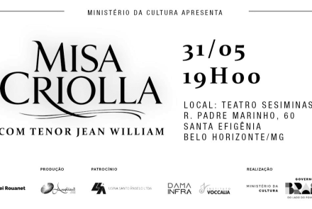 O anúncio apresenta um design limpo e clássico, com fundo branco e letras pretas. À esquerda, destaca-se o título da obra com uma tipografia elegante e o nome do solista. À direita, as informações detalham que o evento será no dia 31 de maio, às 19h, no Teatro Sesiminas (Rua Padre Marinho, 60 - Santa Efigênia, Belo Horizonte). No rodapé, constam as marcas dos apoiadores e realizadores, incluindo a Lei Rouanet e o Governo Federal. O cartaz é emoldurado por grafismos delicados nas bordas laterais.