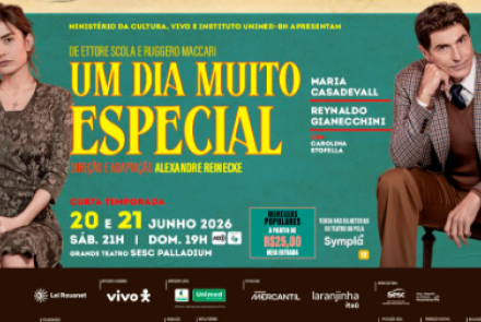 Cartaz promocional da peça teatral "Um Dia Muito Especial", com fundo verde-escuro. À esquerda, a atriz Maria Casadevall aparece sentada, usando um vestido floral escuro e expressão séria. À direita, o ator Reynaldo Gianecchini está sentado em uma cadeira de palha, vestindo terno quadriculado e gravata. O texto destaca a curta temporada no Grande Teatro Sesc Palladium nos dias 20 e 21 de junho de 2026, com ingressos populares via Sympla e recursos de acessibilidade no domingo.
