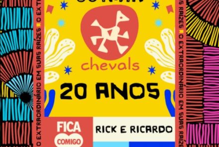 Este cartaz anuncia o evento "Junina Chevals 20 Anos", apresentando uma identidade visual vibrante e artesanal inspirada em grafismos indígenas e de xilogravura. O topo e as laterais são decorados com molduras geométricas multicoloridas, acompanhadas pela frase repetida "O extraordinário em suas raízes". No centro amarelo, destaca-se um símbolo de pássaro estilizado dentro de um círculo vermelho, logo acima do anúncio de aniversário de 20 anos da marca. A base do cartaz organiza as informações práticas: a d