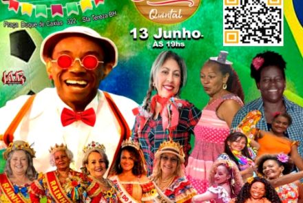 Este cartaz vertical anuncia o evento "Arraiá du Nordestino" integrado ao "Badalo Quintal", trazendo uma colagem fotográfica alegre e colorida sobre um fundo texturizado nas cores verde e amarelo da bandeira do Brasil. No topo esquerdo, uma placa de madeira estilizada mostra o título principal, acompanhado pelas bandeirinhas juninas e pelo endereço na Praça Duque de Caxias, em Santa Tereza - BH. No centro, destaca-se a data de 13 de Junho às 19hs, cercada pela foto de um homem sorridente de óculos vermelhos