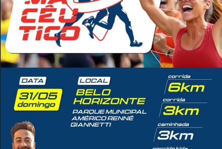 Banner de divulgação do evento em fundo azul e imagem de corredores. Textos em amarelo, branco e vermelho, com informações sobre data, local, modalidades e inscrições. 
