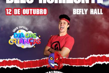 Cartaz de formato quadrado com fundo esfumaçado em tons de roxo e vermelho. No topo, destacam-se em letras garrafais brancas as informações: "BELO HORIZONTE — 12 DE OUTUBRO — BEFLY HALL". No centro, o influenciador Enaldinho aparece sorridente de braços cruzados, vestindo uma camiseta vermelha e uma faixa vermelha na cabeça.