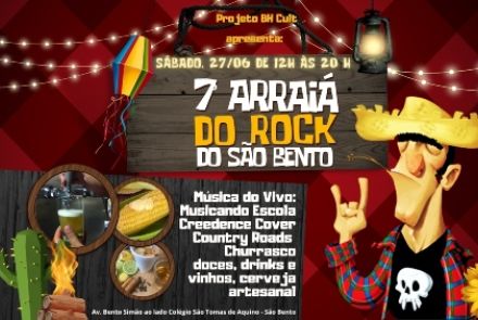 Cartaz horizontal com fundo xadrez vermelho e preto. No topo, uma placa de madeira rústica, pendurada por cordas e iluminada por uma lamparina e luzes pisca-pisca, traz o texto: "Sábado, 27/06 de 12h às 20h — 7º Arraiá do Rock do São Bento". À esquerda, um balão junino colorido flutua sobre a placa. No lado direito, destaca-se a ilustração de um caipira de olhos fechados, vestindo camisa xadrez sobre uma camiseta preta com estampa de caveira, fazendo o sinal do rock com a mão, ao lado de um girassol. No c