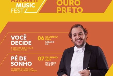 Foto com o fundo em laranja e amarelo. Parte superior o titulo "Orquestra Ouro Preto", no meio a foto de um regente e informação sobre as duas apresentaçoes: dia 6 "voce decide" e dia 7 "pé de sonho"