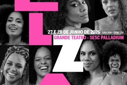 Foto de capa de divulgação para o musical "Elza" contendo foto das integrantes, data e local do evento