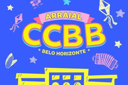 Foto de capa de divulgação para o Arraial do CCBB, contendo elementros visuais de festa juninha 