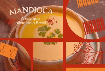 Foto de divulgação para o bate papo no Casa Fiat de Cultura na temática "mandioca`". Na foto, um prato feito de mandioca centralizado, data e horario descrito num quadro amarelo no lado direito inferior da tela 