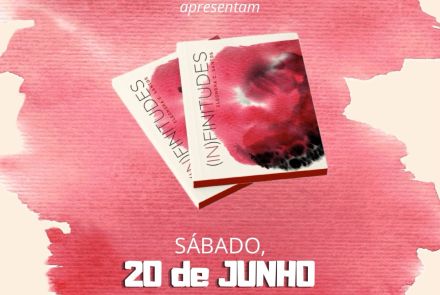 Foto de divulgação para o lançamento do livro (IN)FINITUDES no Palácio das Artes, contendo a foto de capa do livro e data do evento 
