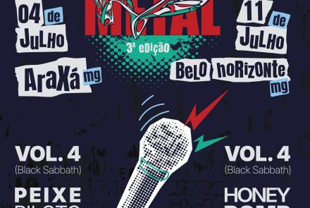 Foto de capa de divulgação do "Rock no Metal", contendo foto de um microfone no centro da imagem, as participações no lado inferior direito e o dia do evento na parte superior direita