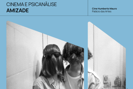 Foto de capa de divulgação para o filme "Amizade", no dia 12 de junho no cine humberto. No centro, foto de um homem e uma mulher com o cabelo tampando a cara enquanto usam óculos escuro 