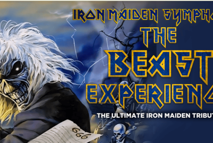 Cartaz do evento "Iron Maiden Symphonic - The Beast Experience". Do lado esquerdo, destaca-se o mascote Eddie com longos cabelos brancos e expressão agressiva, regendo com uma partitura que traz o número "666". Do lado direito, em letras estilizadas amarelas e azuis, destaca-se o título principal, acompanhado da frase em branco: "The Ultimate Iron Maiden Tribute".