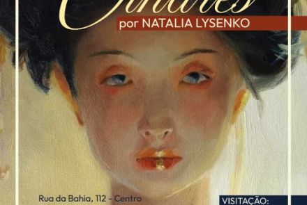 O cartaz divulga a exposição de arte "Entre Olhares", da artista Natalia Lysenko. O plano de fundo apresenta a pintura expressionista do rosto de uma mulher com traços orientais, olhar expressivo e lábios destacados. Na parte inferior, o cartaz informa de forma direta os detalhes do evento: a exposição acontece no Centro Cultural do TRT-MG (Rua da Bahia, 112 - Centro), com o período de visitação de 10 de junho a 07 de outubro, de segunda a sexta-feira, das 9h às 17h. A abertura está marcada para o dia 10 d