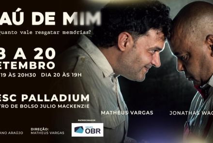 Foto de capa do espetáculo "Baú de Mim", com foto dos atores Matheus Vargas e Jonathas Wagner e informações como data, horário e local do evento