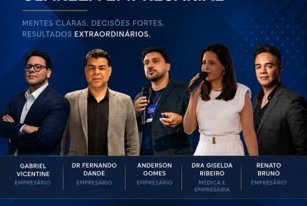 Foto de capa para divulgação do evento " Circuito de Alta Performance e Clareza Empresarial", contendo fotos dos 5 palestrantes, data e local do evento