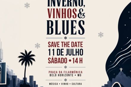 Foto de capa para o festival "Inverno, Vinhos & Blues", contendo data e local do evento 