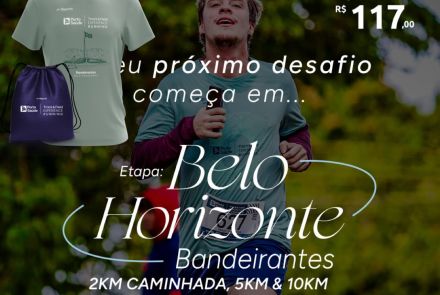 Cartaz da corrida Track&Field Etapa Belo Horizonte – Bandeirantes (16.08), com modalidades de 2km, 5km e 10km. A imagem destaca um jovem correndo, o kit do evento (camiseta verde e sacochila roxa) e o valor de R$ 117,00 no PIX.