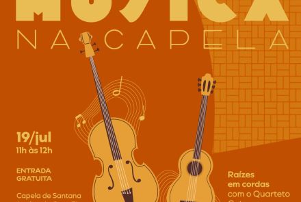Foto de capa da "Música na capela" com fundo em tons de laranja, ilustração de dois instrumentos musicais, contendo dia e horário do evento 