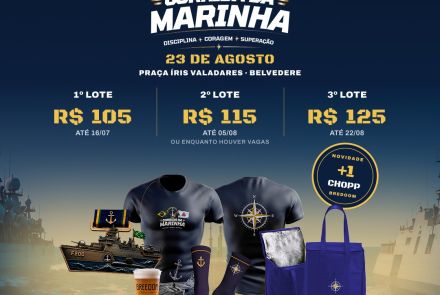 Cartaz da "Corrida da Marinha", que acontece em 23 de agosto na Praça Íris Valadares (Belvedere). O banner azul-escuro destaca os lotes de inscrição: 1º lote por R$ 105 (até 16/07), 2º lote por R$ 115 (até 05/08) e 3º lote por R$ 125 (até 22/08). Ao centro, exibe o kit do atleta com camiseta azul-marinho, meias, bolsa térmica, medalha em formato de navio e copo de chopp. Inscrições pelo site www.tbhesportes.com.br.