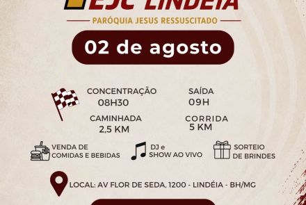 Banner com fundo bege e informações sobre o evento em marrom, preto e amarelo