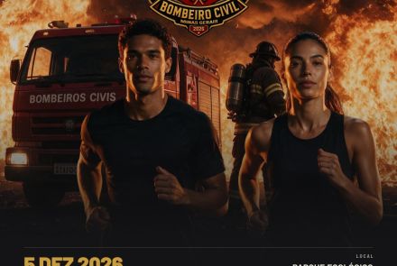 Foto de dois atletas correndo e no plano de fundo bombeiro apagando incêndio 