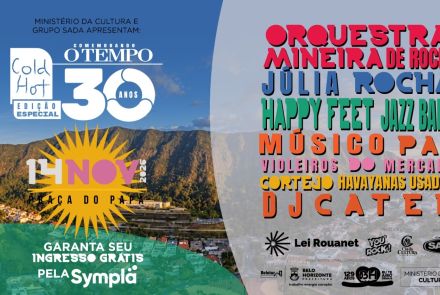Foto de capa " Save the Date" para o festival Cold Hot no dia 14 de novembro. Plano de fundo com a foto de praça do papa, local do evento e nomes das atrações 